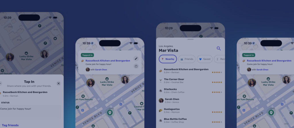 Social map applications screens with navigation, ratings, user accounts, and other funtionality